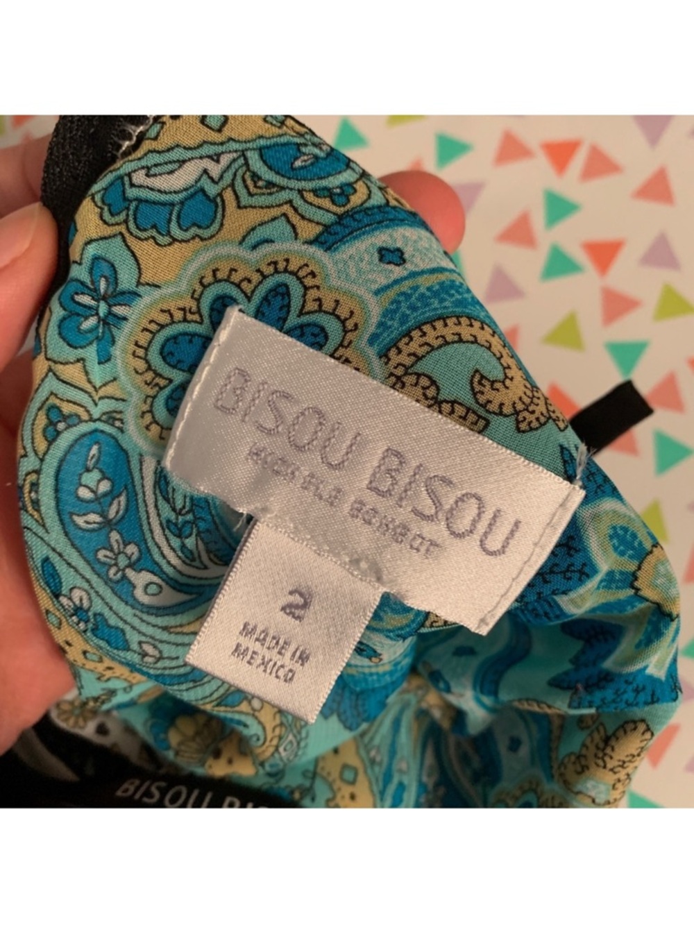 BISOU BISOU Michele Boho Teal Black Blue Green Tan Scarf Tile Print Size 2 - Picture 4 of 8
